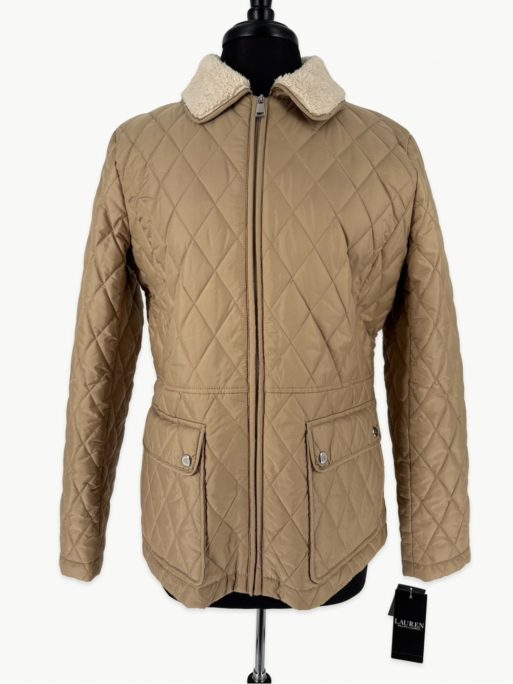 Lauren Ralph Lauren Quilted Sherpa Collar Fall Jacket Size Large Birch Tan NWT